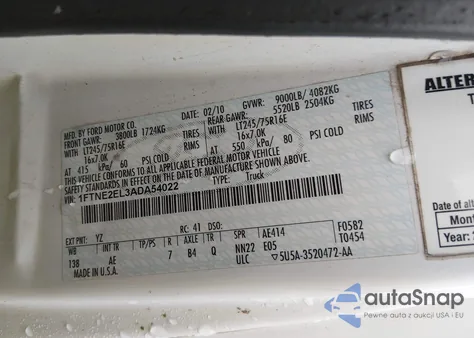 2010 Ford E-250 Commercial/Recreational z USA, uszkodzony, nr VIN 1FTNE2EL3ADA54022